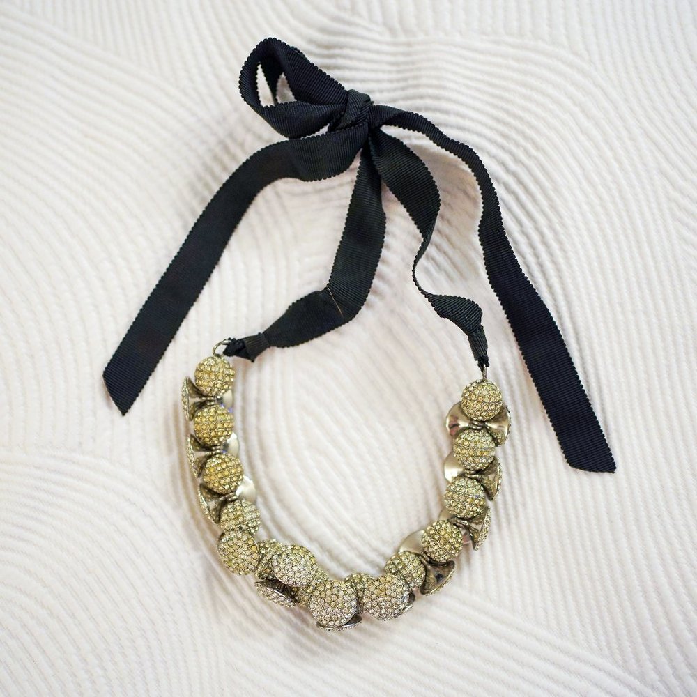 Ann Taylor Micro Pave Statement Necklace, Silver with Black Grosgrain Tie